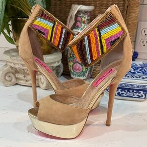Betsey Johnson Beige Peep Toe Heels with Colorful Beaded Strap